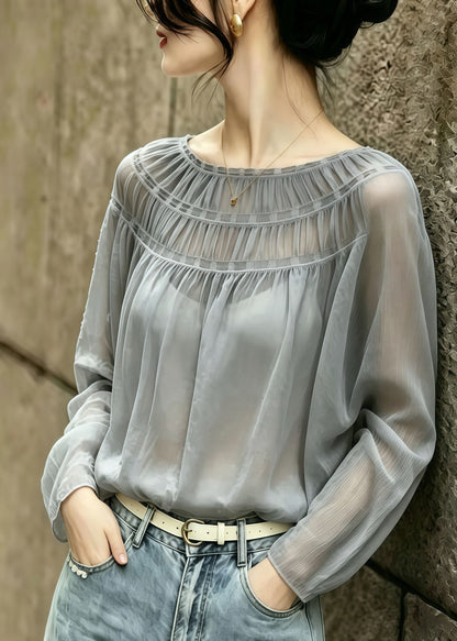 Fitted Grey O-Neck Wrinkled Chiffon Blouses Summer