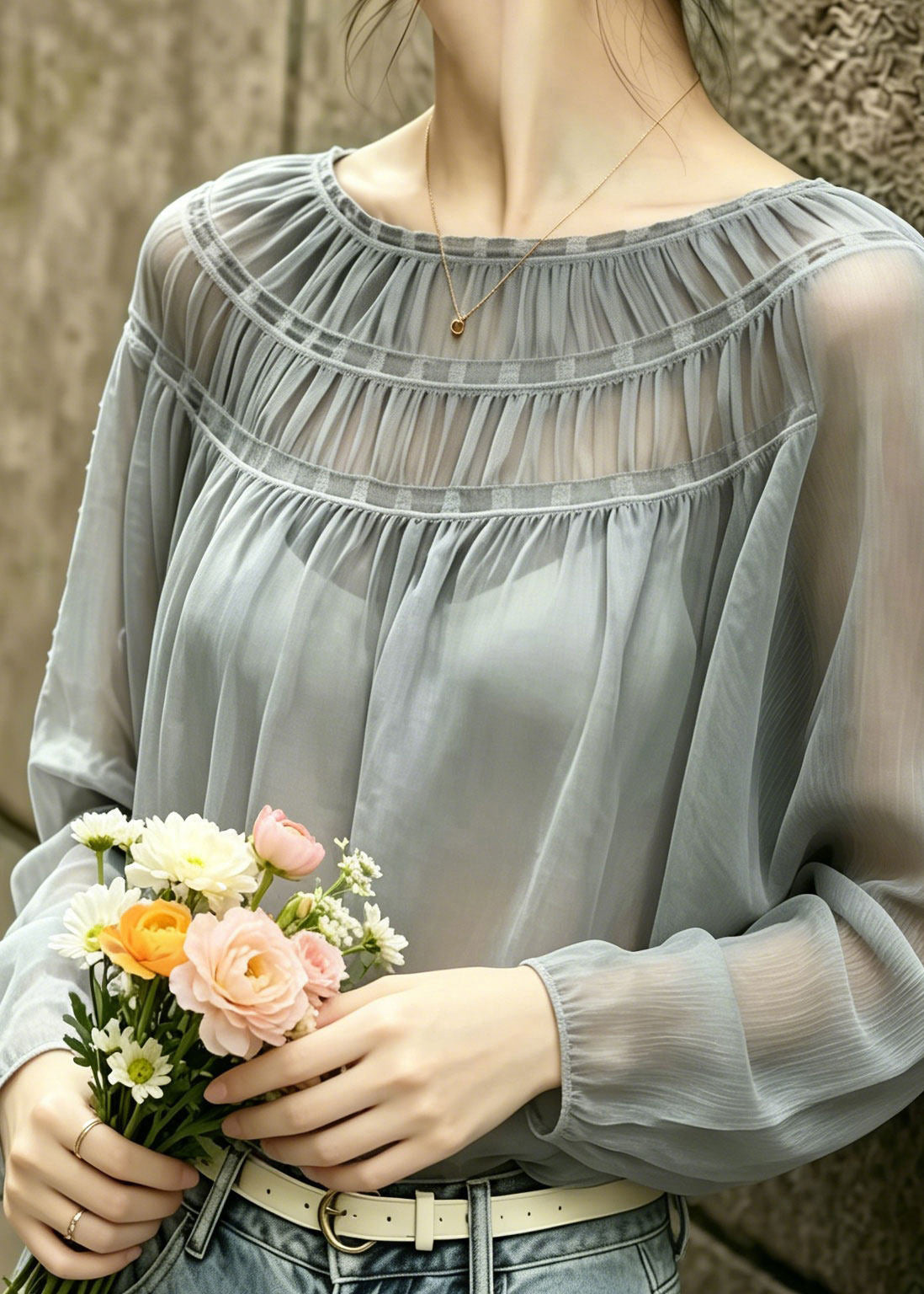 Fitted Grey O-Neck Wrinkled Chiffon Blouses Summer
