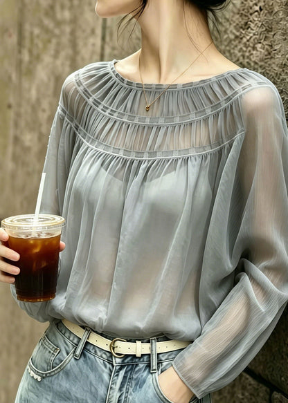 Fitted Grey O-Neck Wrinkled Chiffon Blouses Summer
