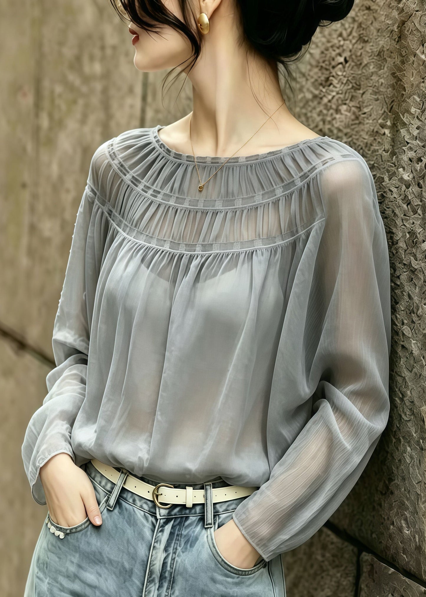Fitted Grey O-Neck Wrinkled Chiffon Blouses Summer