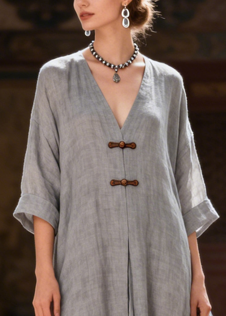 Fitted Grey Oversized Chinese Button Cotton Robe Dresses Summer