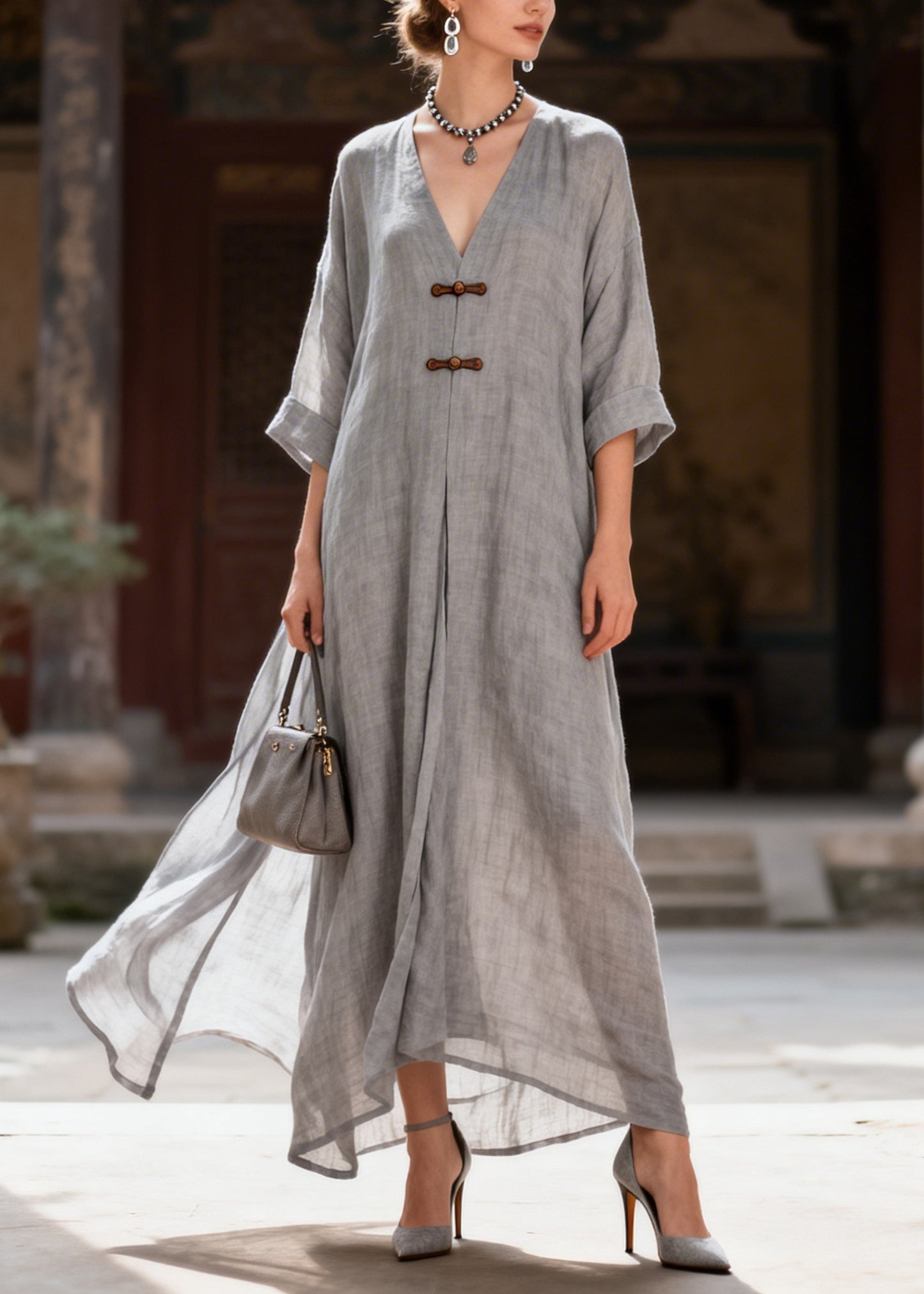 Fitted Grey Oversized Chinese Button Cotton Robe Dresses Summer