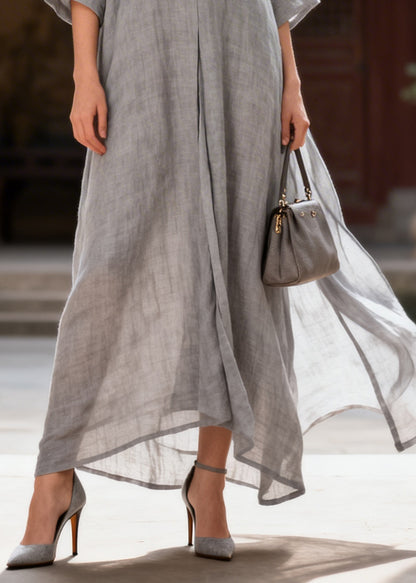 Fitted Grey Oversized Chinese Button Cotton Robe Dresses Summer