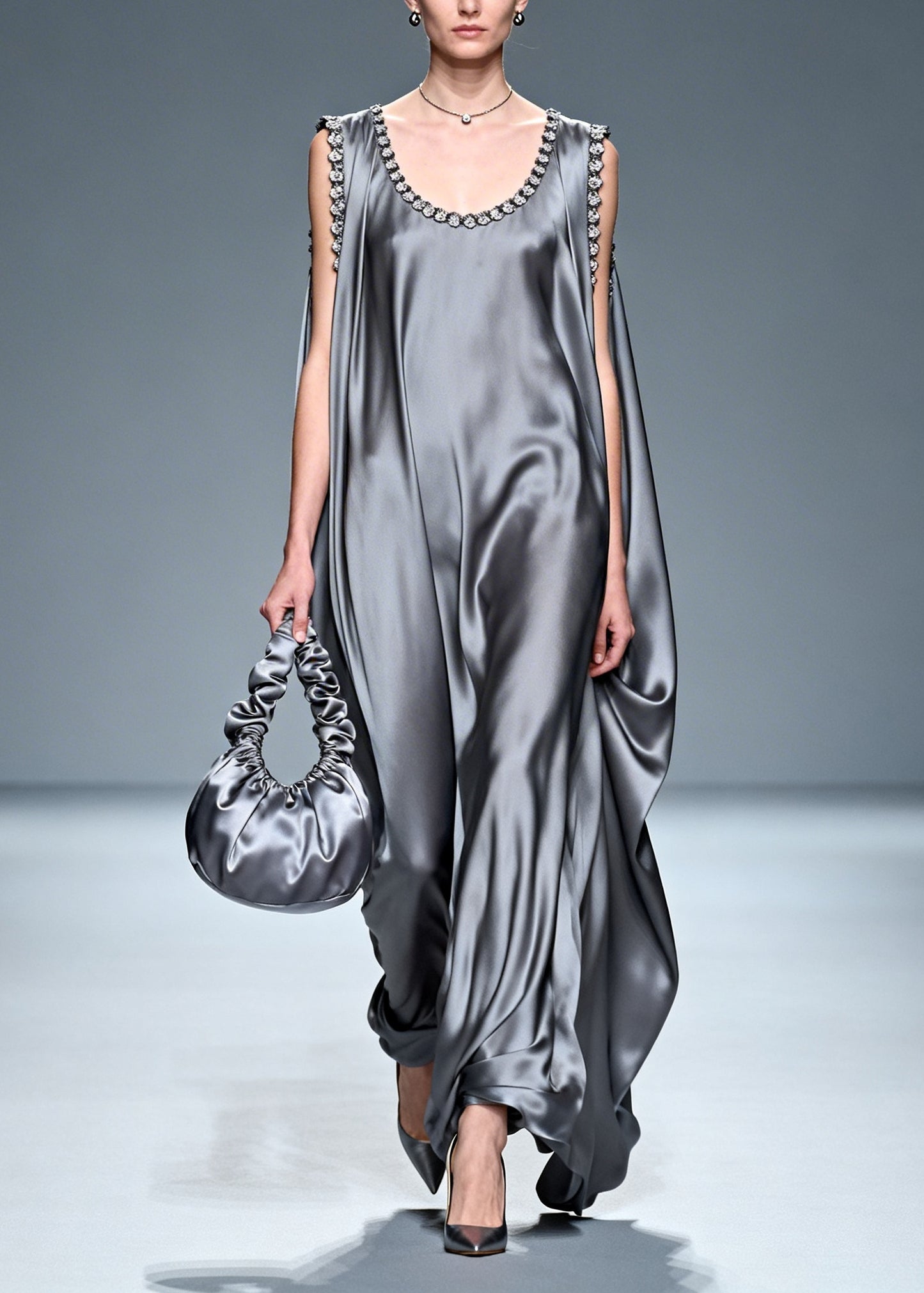 Fitted Grey Oversized Draping Silk Vacation Dresses Sleeveless