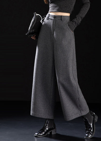 Fitted Grey Plaid Warm Fleece Wide Leg Pants Winter