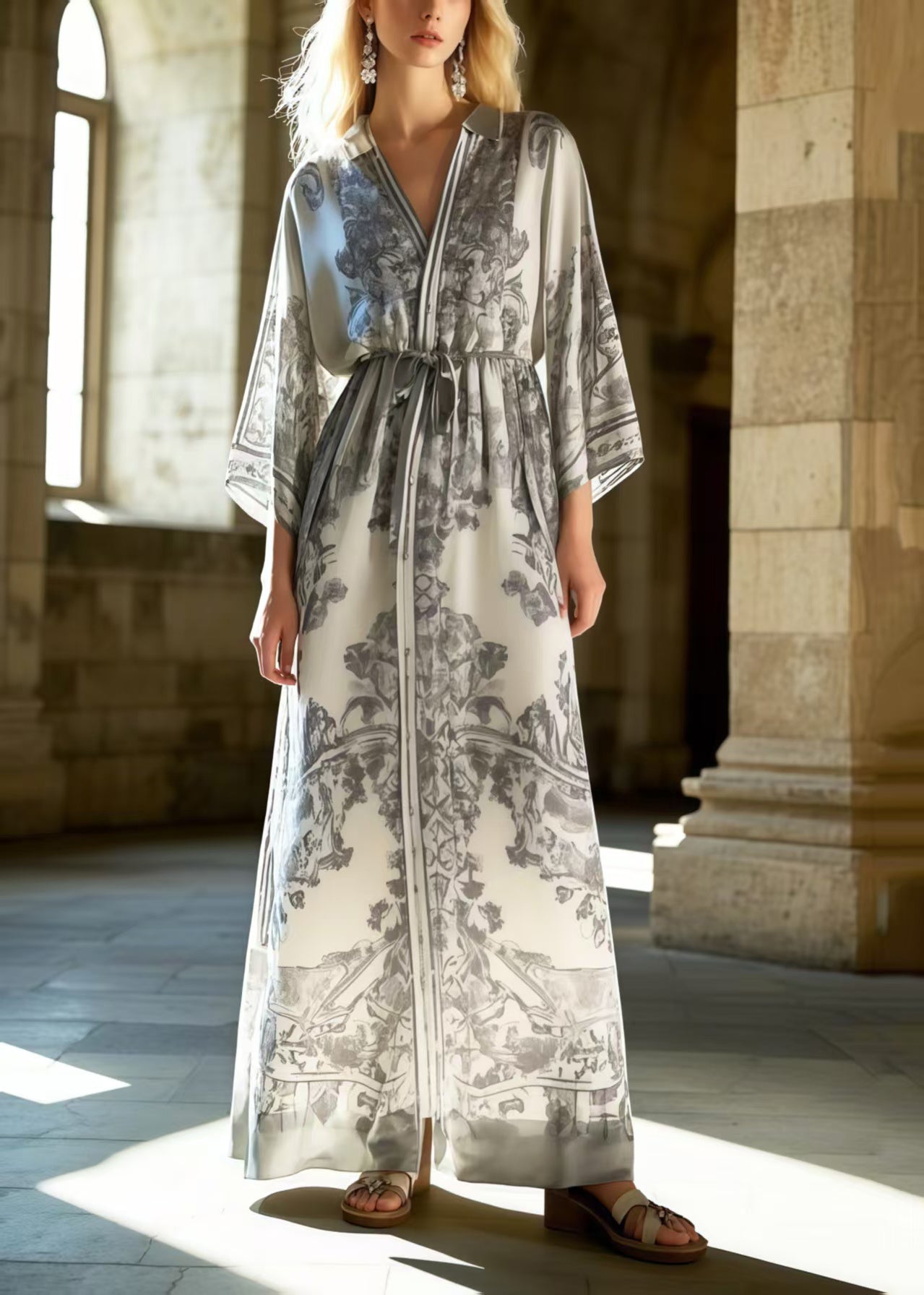 Fitted Grey Print Draping Silk Tunic Dresses Spring