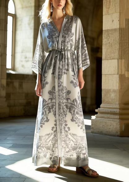 Fitted Grey Print Draping Silk Tunic Dresses Spring