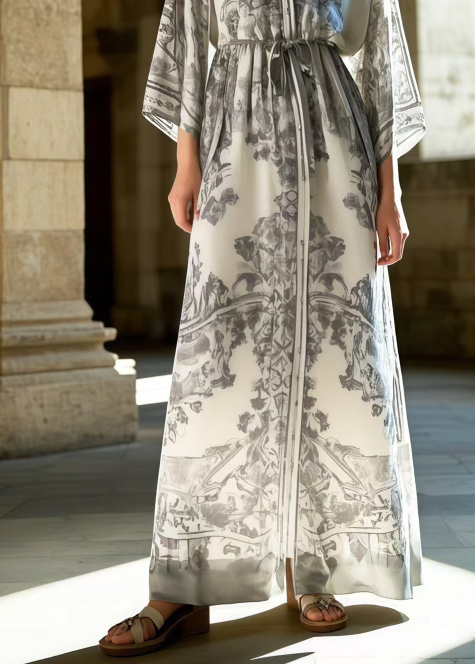 Fitted Grey Print Draping Silk Tunic Dresses Spring