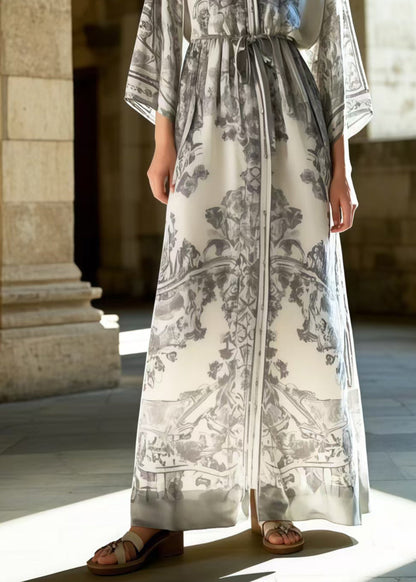 Fitted Grey Print Draping Silk Tunic Dresses Spring