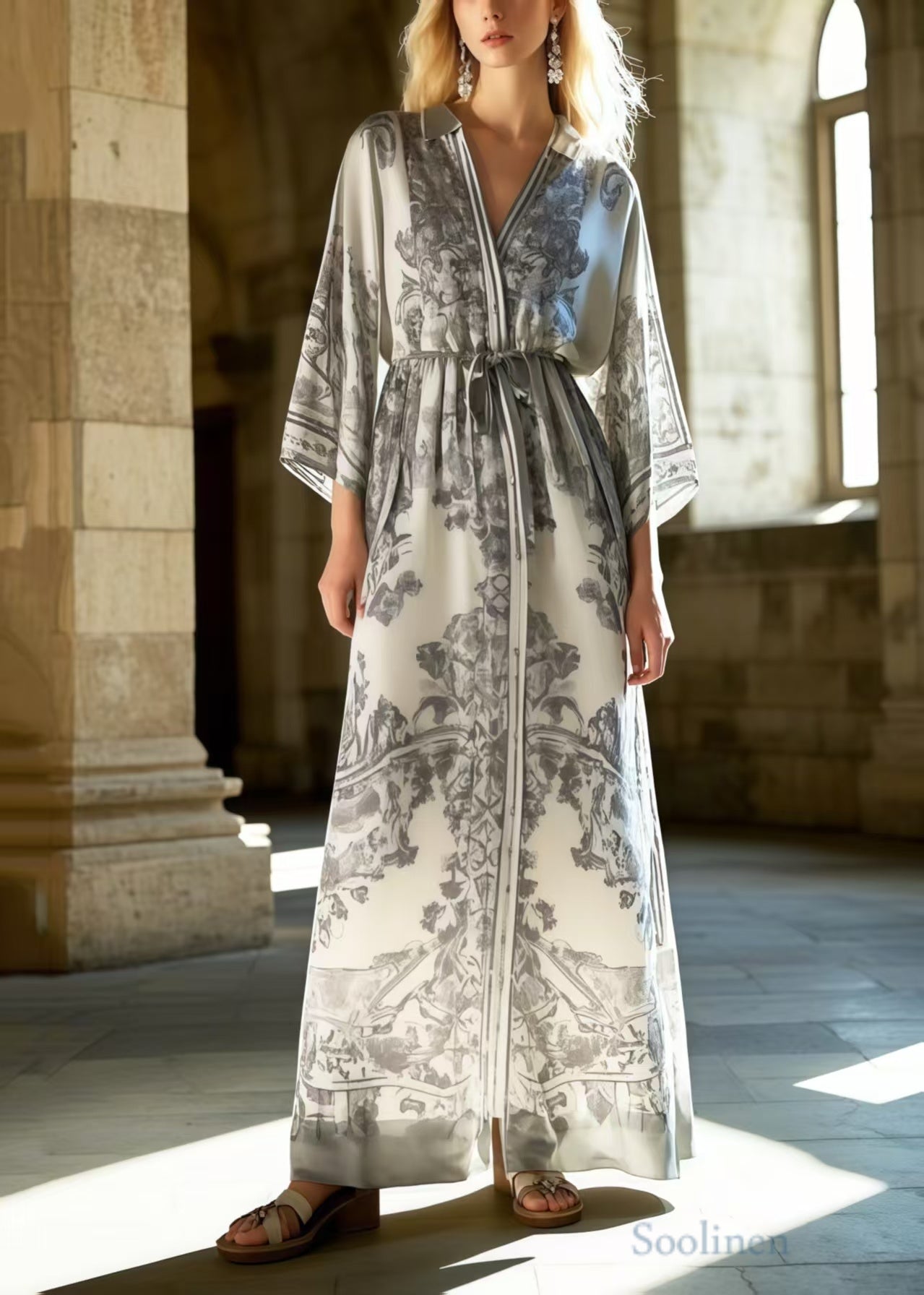 Fitted Grey Print Draping Silk Tunic Dresses Spring