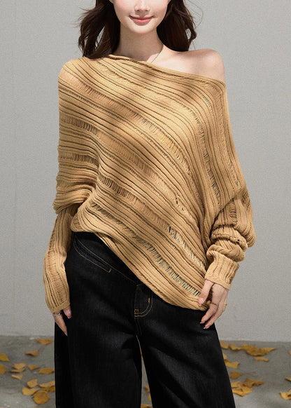 Fitted Khaki Cold Shoulder Striped Knit Shirts Fall