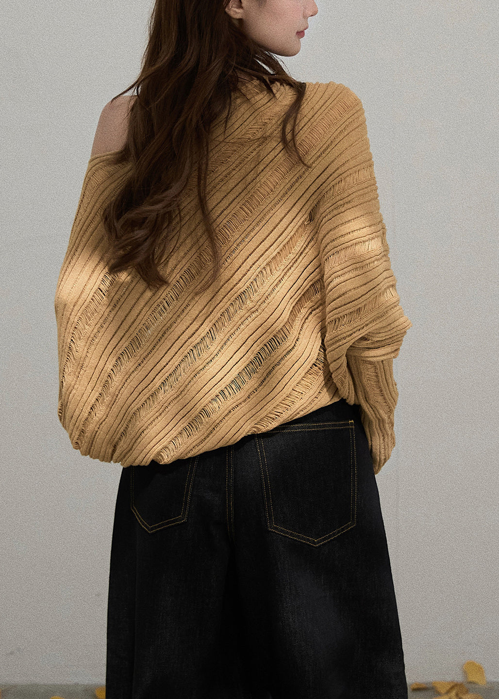 Fitted Khaki Cold Shoulder Striped Knit Shirts Fall