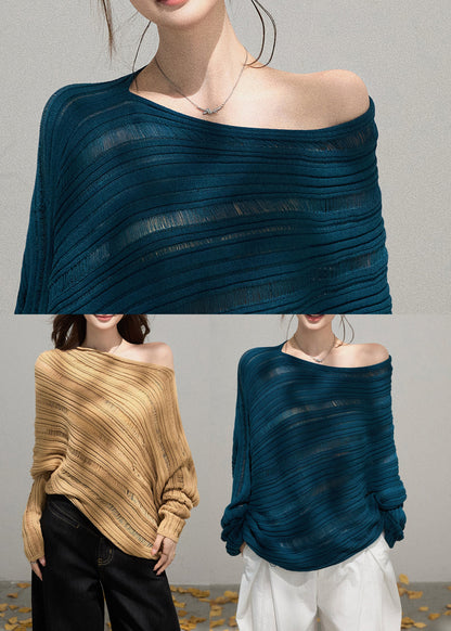 Fitted Khaki Cold Shoulder Striped Knit Shirts Fall