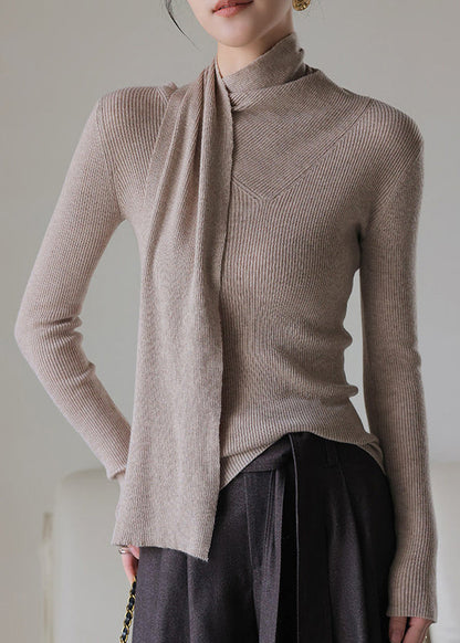 Fitted Khaki High Neck With Scarf Knit Top Fall
