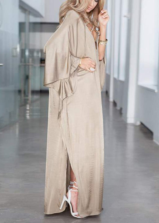 Fitted Khaki Oversized Side Open Silk Holiday Dress Batwing Sleeve