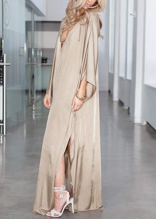 Fitted Khaki Oversized Side Open Silk Holiday Dress Batwing Sleeve