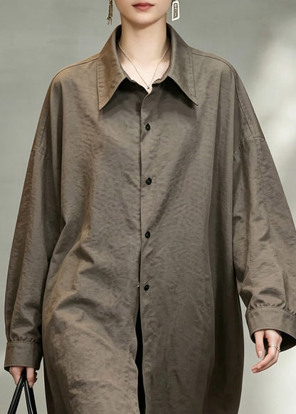 Fitted Khaki Peter Pan Collar Button Shirts Fall
