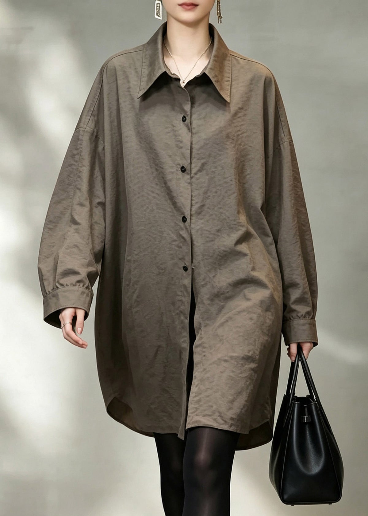 Fitted Khaki Peter Pan Collar Button Shirts Fall