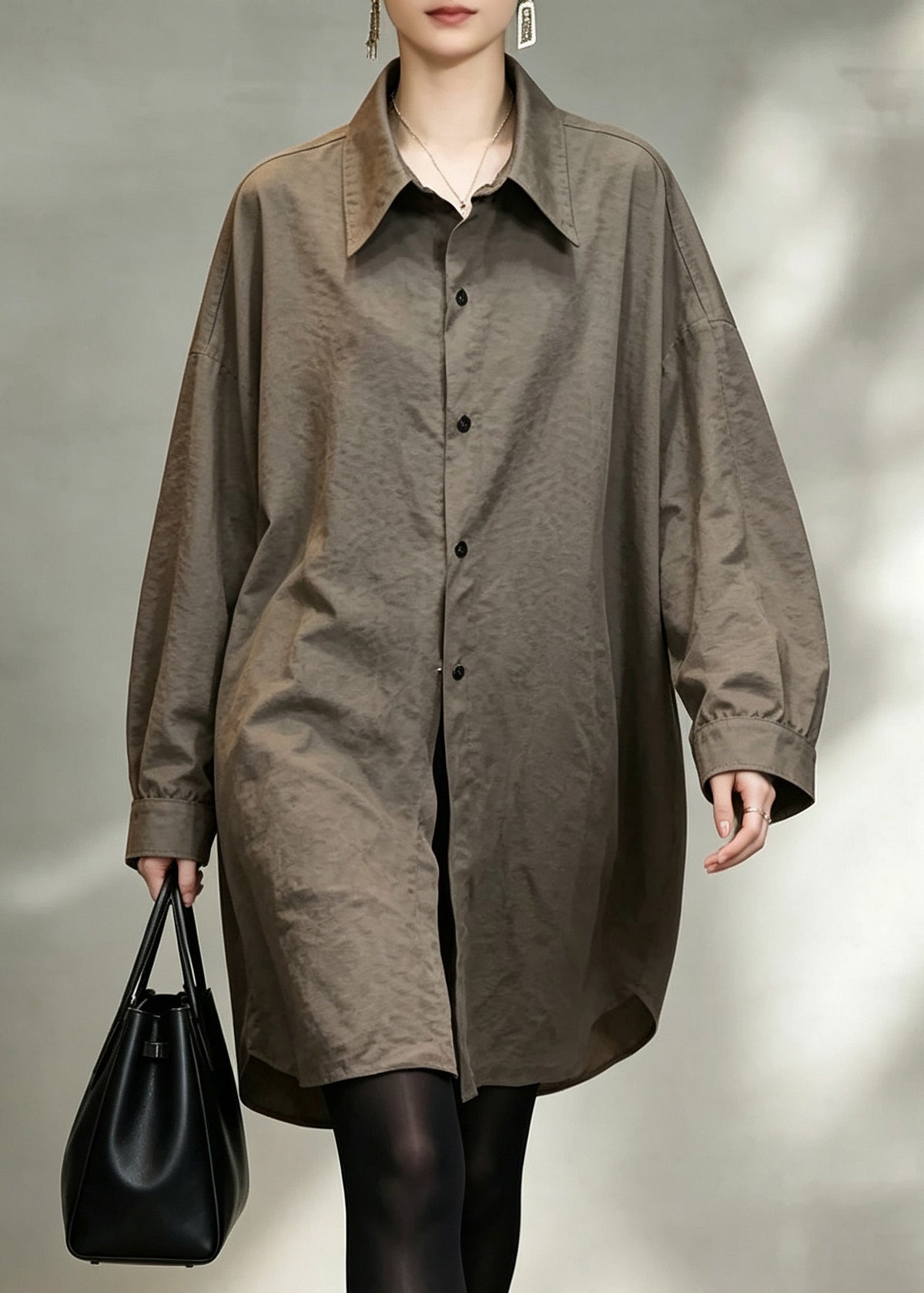 Fitted Khaki Peter Pan Collar Button Shirts Fall