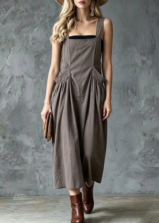 Fitted Khaki Square Collar Pockets Maxi Spaghetti Strap Dress Dress Summer