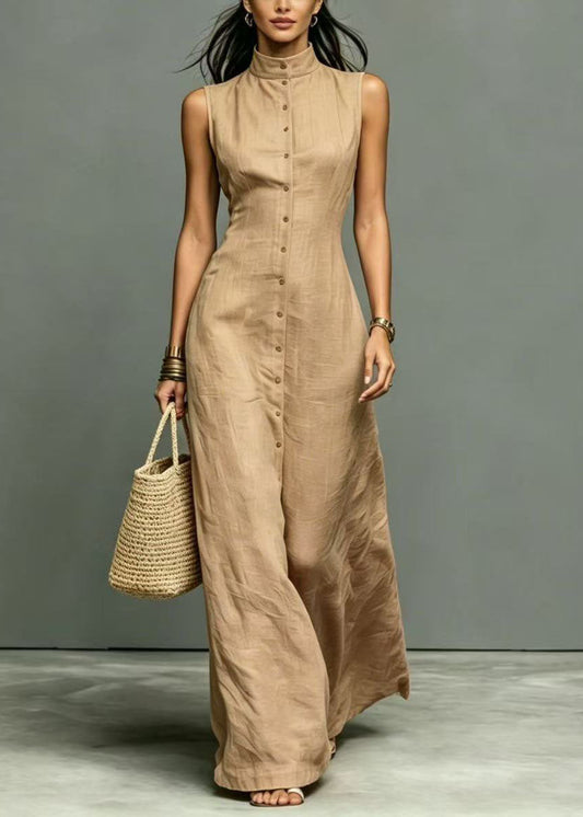 Fitted Khaki Stand Collar Vacation Dresses Sleeveless