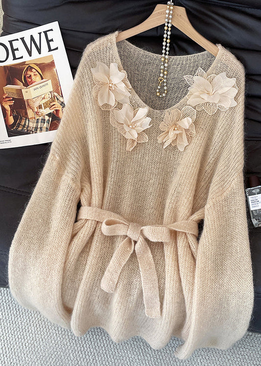 Fitted Khaki Tie Waist Floral Decorated Knit Sweater Tops Fall