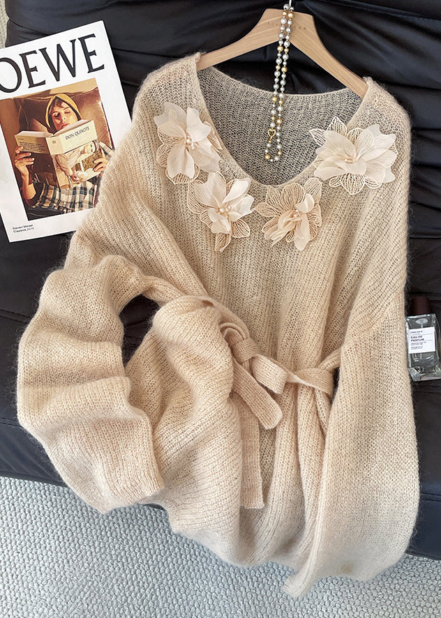 Fitted Khaki Tie Waist Floral Decorated Knit Sweater Tops Fall