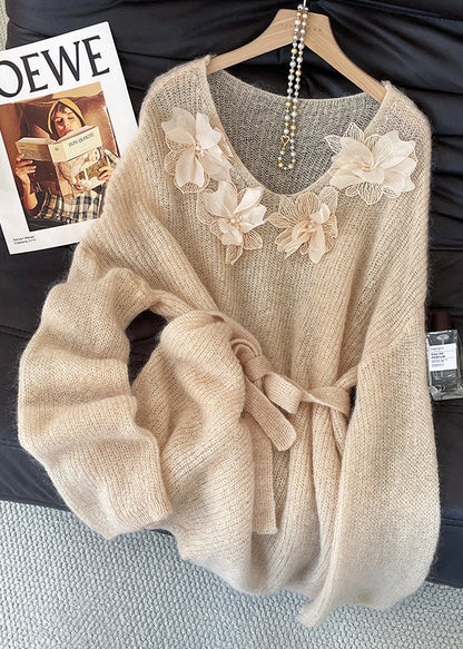Fitted Khaki Tie Waist Floral Decorated Knit Sweater Tops Fall