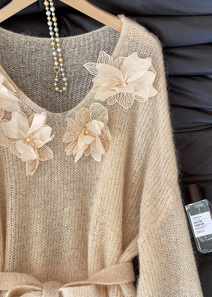 Fitted Khaki Tie Waist Floral Decorated Knit Sweater Tops Fall