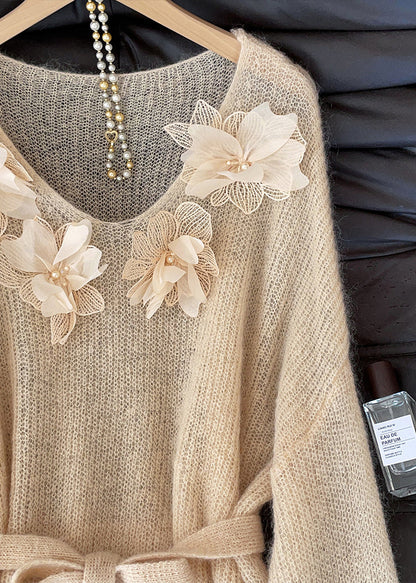 Fitted Khaki Tie Waist Floral Decorated Knit Sweater Tops Fall