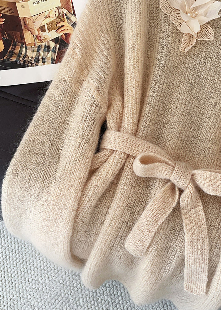 Fitted Khaki Tie Waist Floral Decorated Knit Sweater Tops Fall