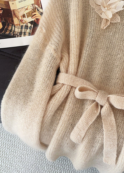 Fitted Khaki Tie Waist Floral Decorated Knit Sweater Tops Fall
