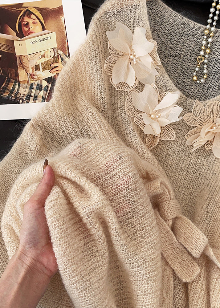 Fitted Khaki Tie Waist Floral Decorated Knit Sweater Tops Fall