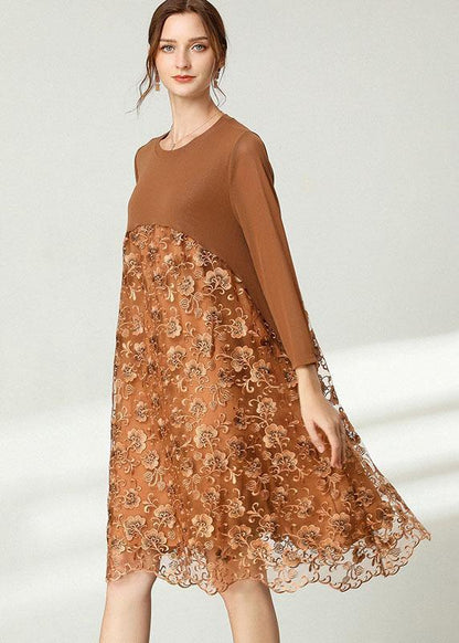 Fitted Khaki Tulle Jacquard Hollow Out Fall Long Sleeve Maxi Dress - SooLinen