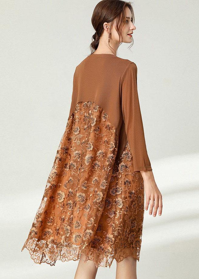 Fitted Khaki Tulle Jacquard Hollow Out Fall Long Sleeve Maxi Dress - SooLinen