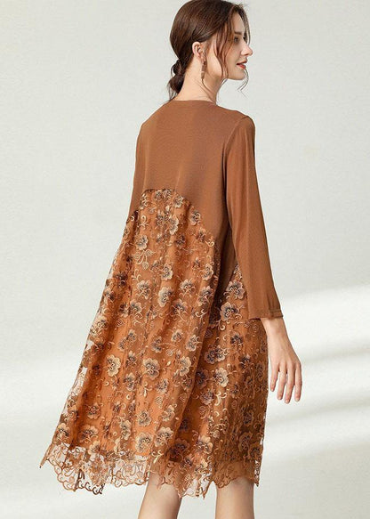Fitted Khaki Tulle Jacquard Hollow Out Fall Long Sleeve Maxi Dress - SooLinen