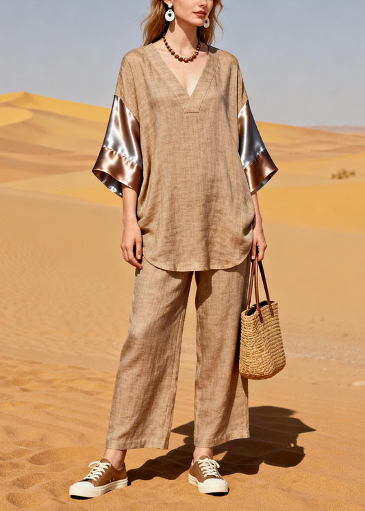 Fitted Khaki V Neck Patchwork Silk Linen 2 Piece Outfit Bracelet Sleeve