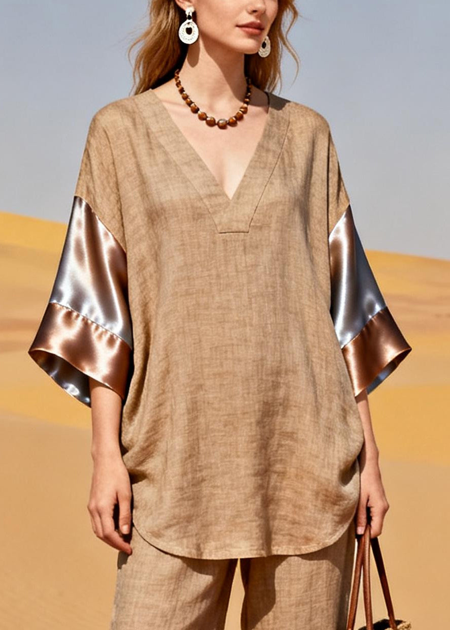 Fitted Khaki V Neck Patchwork Silk Linen 2 Piece Outfit Bracelet Sleeve