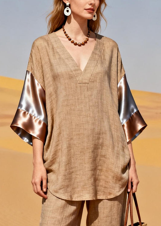 Fitted Khaki V Neck Patchwork Silk Linen 2 Piece Outfit Bracelet Sleeve