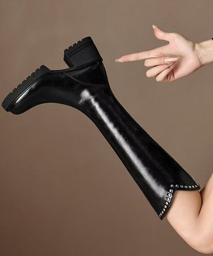 Fitted Knee Boots Black Rivet Faux Leather Shelsea