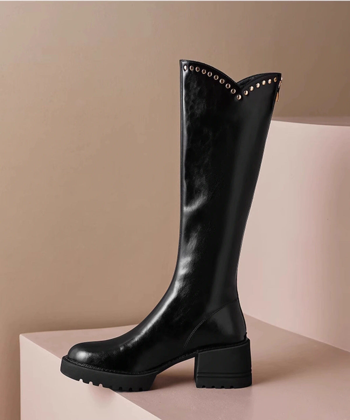 Fitted Knee Boots Black Rivet Faux Leather Shelsea