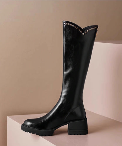 Fitted Knee Boots Black Rivet Faux Leather Shelsea