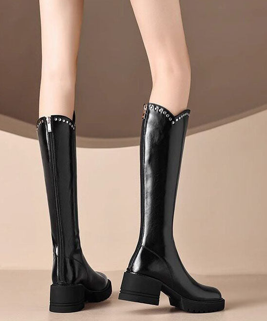 Fitted Knee Boots Black Rivet Faux Leather Shelsea
