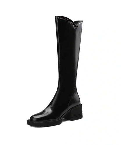 Fitted Knee Boots Black Rivet Faux Leather Shelsea
