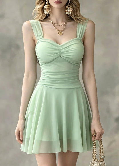 Fitted Light Green Bustier Top Patchwork Tulle Vacation Mid Dress Summer