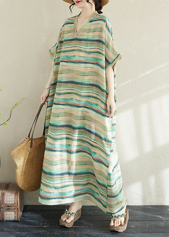 Fitted Light Green Oversized Striped Cotton Robe Dresses Summer