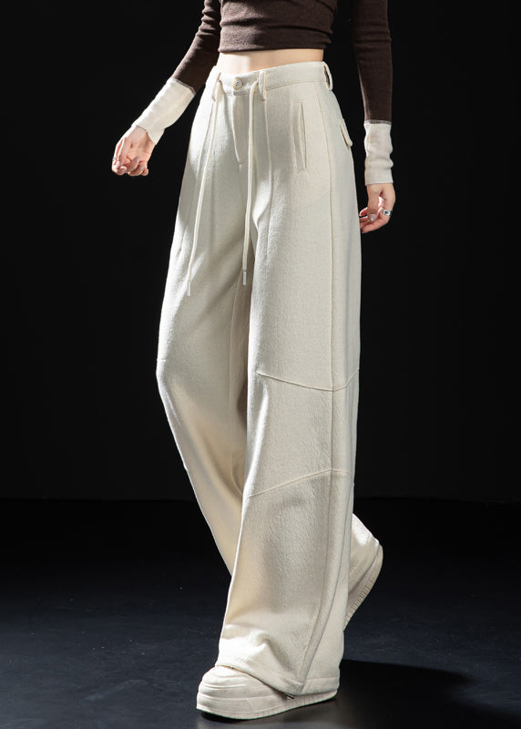Fitted Milk White Oversized Woolen Straight Pants Spring