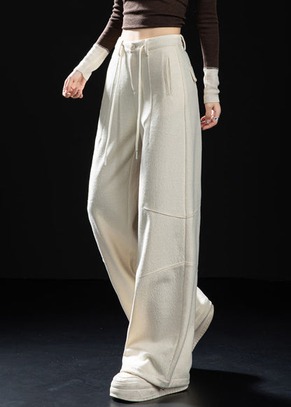 Fitted Milk White Oversized Woolen Straight Pants Spring