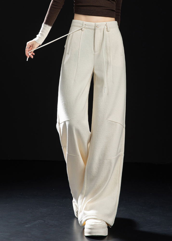 Fitted Milk White Oversized Woolen Straight Pants Spring