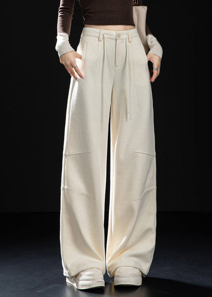 Fitted Milk White Oversized Woolen Straight Pants Spring